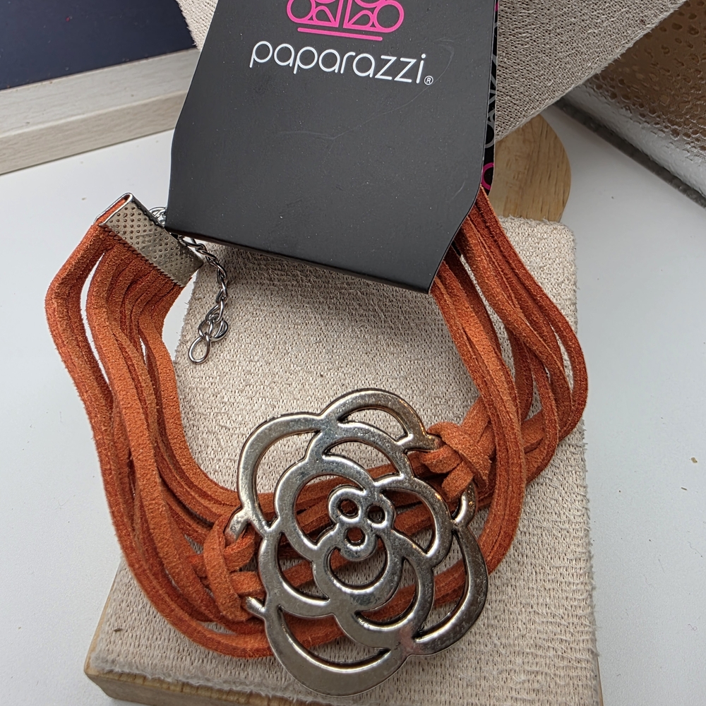 Paparazzi Burnt Orange Bracelet with Silver Floral Pendant (563)
